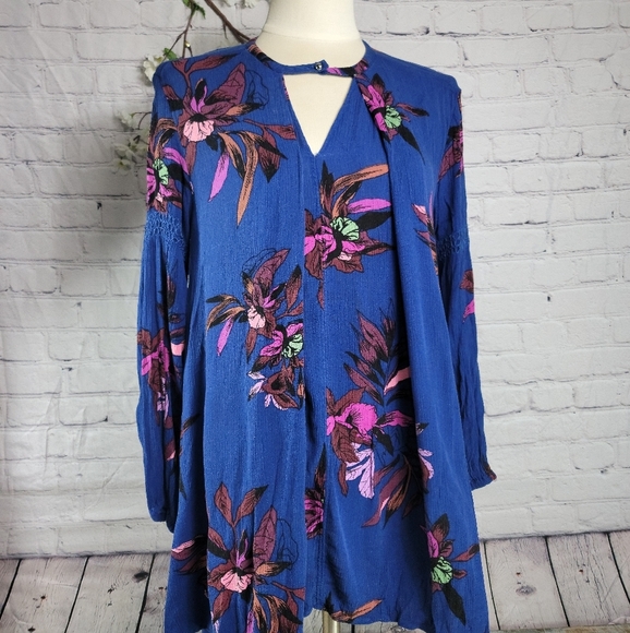 FREE PEOPLE ELECTRIC ORCHARD BLUE BOHEMIAN VIBES LONG SLEEVE MINI TUNIC DRESS - Picture 4 of 16